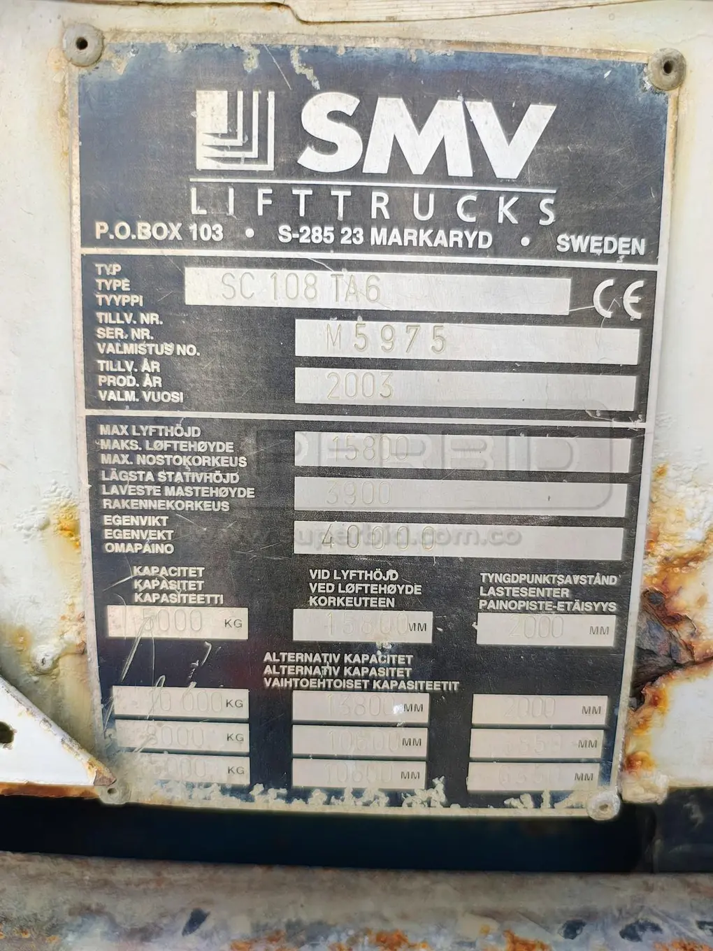 REACH STACKER EMPTY SMV SMV SC 108 TA6 AÑO 2003, POT. 221 HP, CAP. 10 TON, Ubic.: Apartadó — imagen 8 de 8